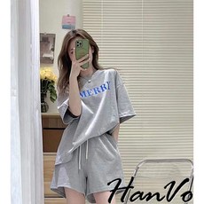 HanVo MERRY休閒寬鬆短袖短褲套裝 - 舒適透氣親膚圓領居家服 - 女生日常百搭 A08-5953