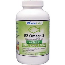 Wonder Laboratories EZ Omega-3 Atlantic Menhaden Fish Oil Supplement 2000 mg Burpless Made in Th, 180, 1개, 180정