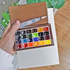 迷你便攜水彩顏料套裝 分裝美術專用全套工具 調色盤胡桃木盒 隨身 好玩，好看, 松木24格+夾子+畫紙+24顏料+筆, 1個