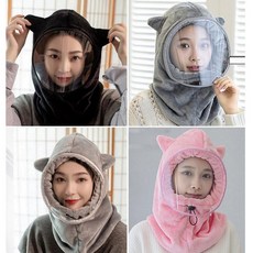 X-FREE【有耳朵造型防風頭套】男女秋冬擋風面罩保暖防寒帽 保暖神器防凍面罩透明防護套頭帽【F22-30123】, 1個, 粉紅色(F22-33)