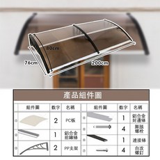 無聲雨棚 鋁合金遮陽棚 80cm x 76cm 門窗陽臺屋簷支架遮雨棚, 1個, 經典款：多場景通用80*200cm