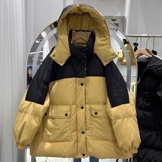 ORZQU 겨울 여성 숏 점퍼 루즈핏 배색 후드 점퍼 패션 보온 패딩