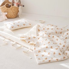 MerryTwoTwo 可愛圖案莫代爾分離式午睡棉被枕頭薄墊組, 象牙白小熊