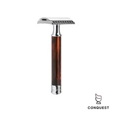 CONQUEST 德國 MUHLE R103 刮鬍刀 琥珀色 開放式刀頭 三件式 傳統手動刮鬍刀 適合濃密粗硬鬍鬚, 1個, 1