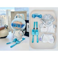 라부부 팝마트 인형옷 Labubu 3.0 스키복 세트 17cm 펜던트, 17cm 1 세대 2 세대 3 세대 라부에 적합합니다, 블루 스키 4피스 세트(고글+상의+바지+스키 보드)-인