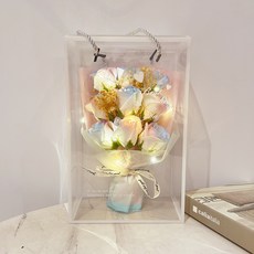 台灣發貨 統編 限時下殺 母親節520禮物碎冰藍香皂玫瑰花束帶燈手提禮盒創意禮品畢業花束 情人節花束 香皂仿真花 永生, （9朵粉雪山玫瑰滿天星+PVC禮盒+燈串, 1個