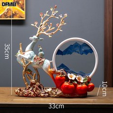 DFMEI 新中式創意流沙擺件酒櫃玄關電視櫃裝飾品客廳招財桌面工藝品, 柿子鹿天藍白框藍沙