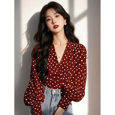 波點法式新款小衆設計別緻新春脖花氣質長袖襯衫襯衣上衣