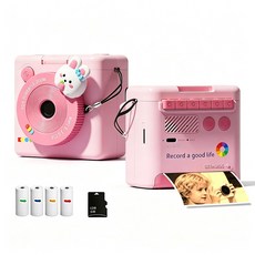 프린트 카메라 즉석카메라128GB SD카드+카드리더기+인화지4롤 포함, 핑크