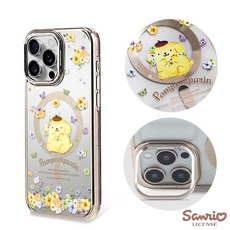 三麗鷗 iPhone 15 Plus 抗黃化磁吸金屬框隱形立架殼-花語布丁狗-電鍍金
