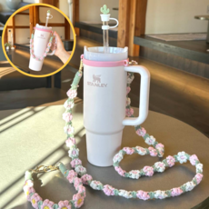 [4종 세트] 텀블러 플라워 스트랩 2종+선인장 빨대캡+실리콘 링 스탠리 스타벅스 호환, 1세트, 핑크플라워