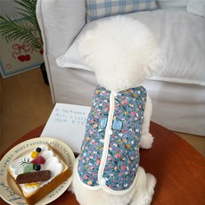 반려동물 꽃무늬 보온 솜 누빔조끼, 블루, 1개