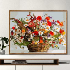 【TangZhen】유화그리기 유화그리기세트 diy 디지털 유화 가방 우편 거실 성인 어린이 손으로 채색 유채화 수제 장식 창문 앞 풍경, 60*75 안감 2.5cm 두께, H821 화사한 국화, 1개