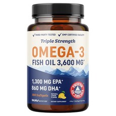 Mavnutrition 三倍強度 Omega-3 魚油 3 600mg 天然檸檬口味軟膠囊, 1個, 180錠