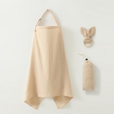 純棉紗布透氣哺乳巾三件套, 淺卡其餵奶巾小兔耳束口袋, 1個