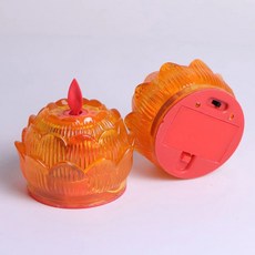 電子蠟燭 LED蓮花長明燈，仿真火燄，祈福拜拜佛前燈, 蓮花蠟燭無底座【桔色】一對