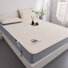 CP 泰國乳膠涼蓆 冰絲席 夏季空調席 三件套 牀笠款, 米白色,90*200cm牀笠涼蓆+枕套1個