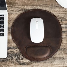 瘋馬皮真皮圓形滑鼠墊 符合人體工學 護腕 簡約辦公筆記本滑鼠墊