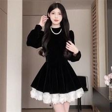 TKX 여성 홀복 우아한 벨벳 레이스 장식 플레어 가을 겨울 스판 미니 원피스 KD97