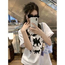 여름 레트로 고양이 프린트 반소매 루즈핏 캐주얼 티셔츠 여성용