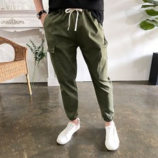 웨일즈 면 린넨 스판 테이퍼드 데일리 크롭 카고 조거 팬츠 밴딩 바지_(3 Colors)