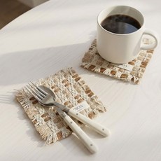 리노아 홈카페 린넨 패브릭 사각 컵받침 소음방지 코스터 2P, 1개, 카라멜 체크