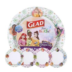 Glad 디즈니 프린세스 아동용 종이 접시 튼튼한 젖음 방지 및 전자레인지 사용 가능 일상 식사 학교 점심 및 생일 파티를 위한 절단 방지 일회용 스낵 접시 21.6cm