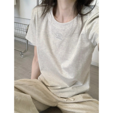 女夏美式復古刺繡短袖T恤休閒寬鬆上衣, S, 白灰色