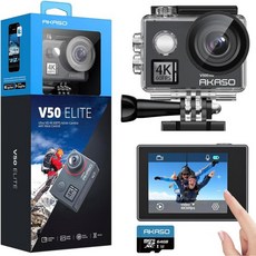 아카소 V50 엘리트 4K60프레임 초고화질 터치스크린 와이파이 액션 카메라 음성 제어 EIS 131피트 방수 8배 줌 원격 (64기가 마이크로SD 카드 포함), 64GB 마이크로SD 카드 포함