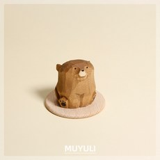 柴犬橘貓木雕擺件 手工可愛桌麵裝飾 生日禮物, 1個, 擺件-小棕熊 贈小圓底座