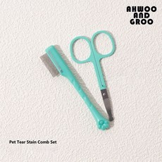 懶懶喵 寵物淚痕修剪美容剪刀，圓頭安全設計，不鏽鋼材質，附帶梳子，寵物眼部清潔修容專用, 1個, 美容剪-綠色套組