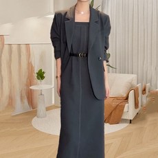 FANSYLI 여성 정장 원피스 세트 고급 결혼식 하객룩 빅사이즈 심플 루즈핏 정장 자켓+롱 원피스 투피스 봄 여름 가을 오피스 원피스 세트 면접룩 XR2601J26