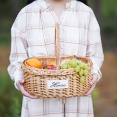 手工編織野餐收納籃 橢圓藤編花籃 春遊儲物筐, 本色,長35寬26總高32cm, 1個