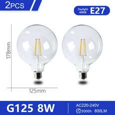 220V ST64 G125 A60 C37 레트로 LED 전구 에디슨 필라멘트 8W E27 E14 빈티지 따뜻한 유리 램프 거실 조명, 11 G125 E27 4000K, 01 AC220-240V