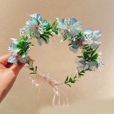 라탄 화관 머리띠 웨딩 촬영 소품 봄여름용 조화 꽃장식 브라이덜샤워 감성 플라워 헤어밴드, 해바라기 꽃-블루