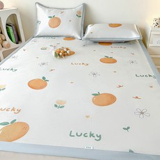 VIXI 卡通風冰絲涼蓆枕套組, 小花朵橘子,90*200cm涼蓆+枕套1只