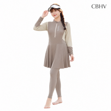 CBHV 빅사이즈 여성 고탄력 긴팔 스커트 수영복 긴바지 래쉬가드 세트