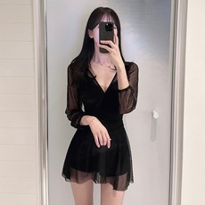 체리미 체형커버 시스루 홀터넥 원피스 모노키니 수영복 (원피스수영복/빅사이즈/체형커버/뱃살커버/커버업/여리여리/임산부/바캉스/풀빌라/휴양지/여름), 블랙