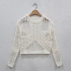 針織女款寬鬆麻花破損感網眼短版仿舊圓領針織衫