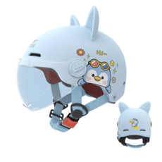 MILLANDA 3c 헬멧 오토바이 헬멧 큐티 헬멧 사계절 안전모, 푸른색-투명 렌즈-고양이의 귀