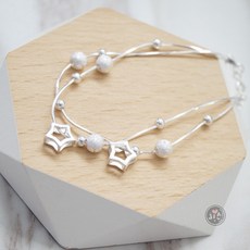 正生純銀 雙層蛇鍊磨砂珠縷空星星990足銀手鍊, 1個