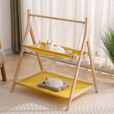實木懸掛寵物搖床貓咪搖籃雙層吊床鞦韆四季通用貓架, 1個, 雙層寵物牀25斤以內）黃布, 黃