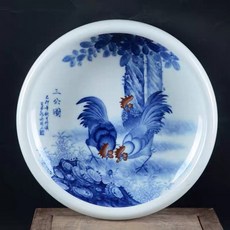 手繪青花釉裏紅公雞紋筆洗, 如圖所示