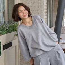 로로텐 7부 무지 브이넥 맨투맨 오버핏 밑단스트링 여성 빅사이즈