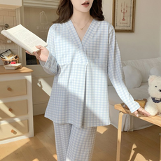 임산부 잠옷 상하의 세트 봄 가을 임부용 긴팔 긴바지 파자마 세트 체크 브이넥 편안한 홈웨어 JS
