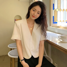 모몰라티 여성용 여름 브이넥 테일러드 크롭 반팔 자켓