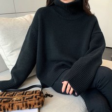 부드러운 여성 가을 겨울 울 하이넥 루즈핏 무지 니트 두툼한 따뜻한 스웨터, 블랙