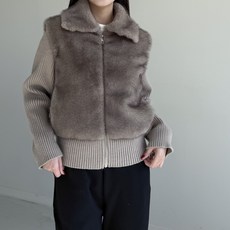 [행복여] 레빈 밍크 퍼 배색 니트 집업 자켓