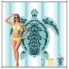 HIHOHO 해변 담요 방수 모래 방지 비치 매트 200.7 x 210.8cm(79 x 83인치) 성인 1-8명용 빠른 건조 내구성 있는 야외 피크닉 매트 해변 축제 여, 6'11" x 6'7", Gn-Stripes Seaturtle