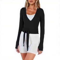 룰낙스 여성 필라테스 랩탑 긴 소매 엄지 구멍 운동 발레 탑 셀프 타이 슬림 핏 요가 댄스 셔츠